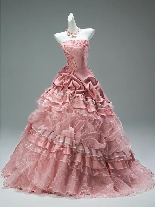 Pretty Ball Gown Strapless Pink Satin Sleeveless With Flowers Ruffled Long 15 Quinceanera Dresses Photo Ideas Formal Outfit RB5582