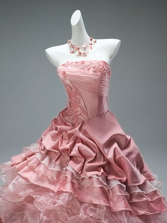 Pretty Ball Gown Strapless Pink Satin Sleeveless With Flowers Ruffled Long 15 Quinceanera Dresses Photo Ideas Formal Outfit RB5582