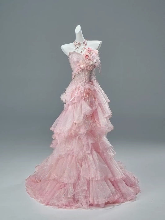 Classy Mermaid Sweetheart Pink With Flowers Date Night Outfits Semi Formal Prom Gown Evening Dresses RB5583
