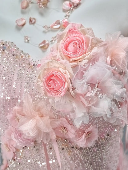 Classy Mermaid Sweetheart Pink With Flowers Date Night Outfits Semi Formal Prom Gown Evening Dresses RB5583