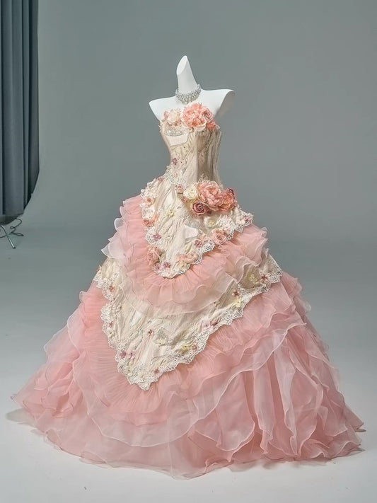 Pretty Ball Gown Strapless Pink Chiffon Sleeveless With Flowers Ruffled Long 15 Quinceanera Dresses Photo Ideas Formal Outfit RB5584