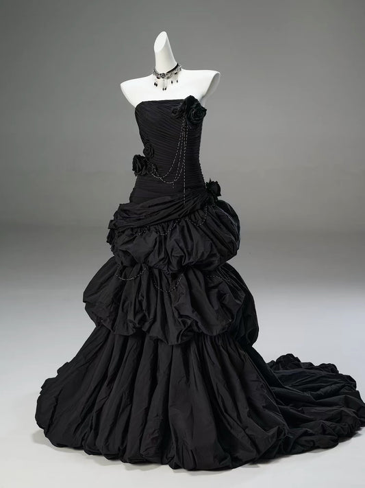 Classy Mermaid Strapless Black Taffeta With Folded Flowers Date Night Outfits Long Formal Prom Gown Evening Dresses RB5586