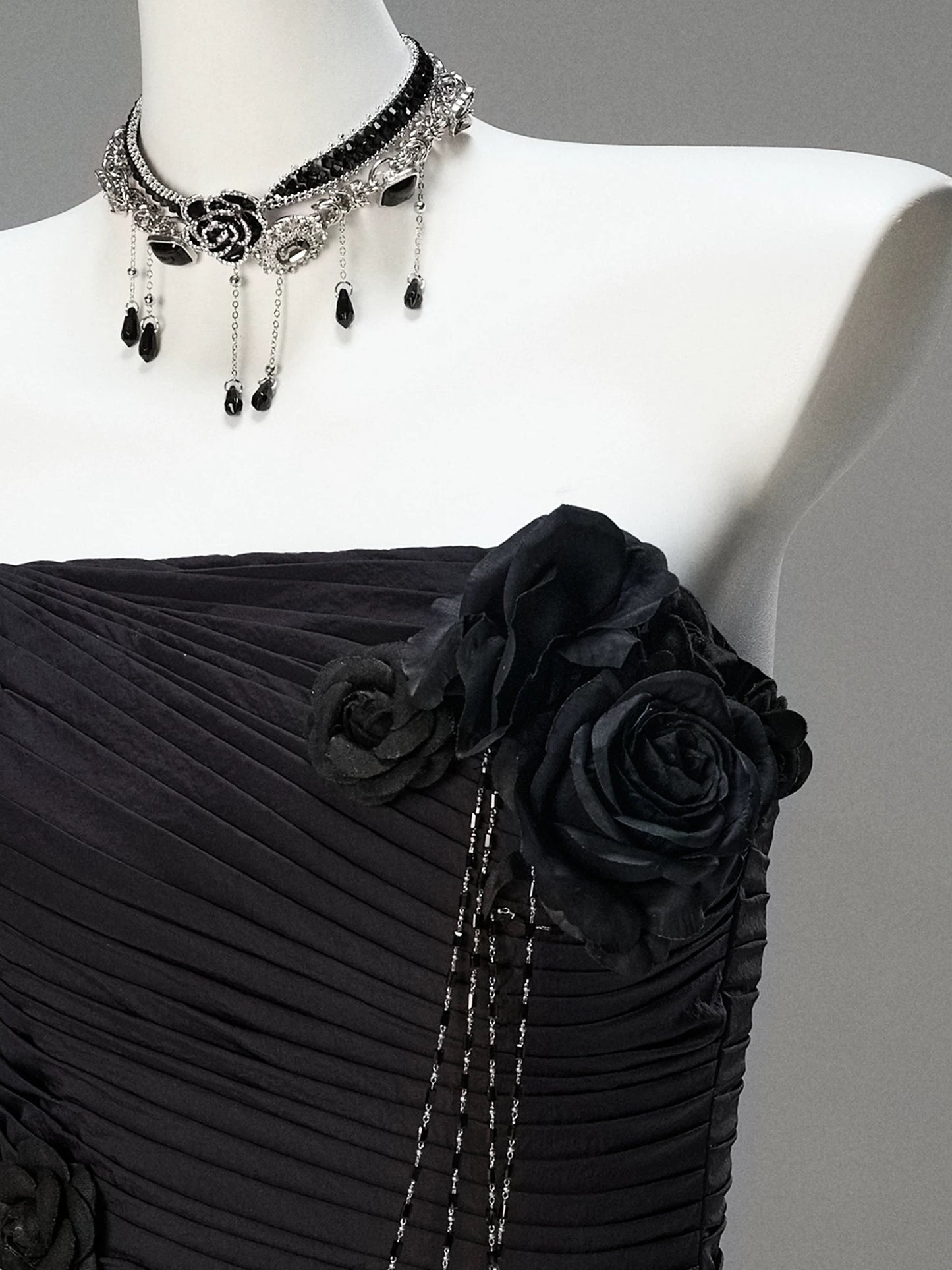 Classy Mermaid Strapless Black Taffeta With Folded Flowers Date Night Outfits Long Formal Prom Gown Evening Dresses RB5586