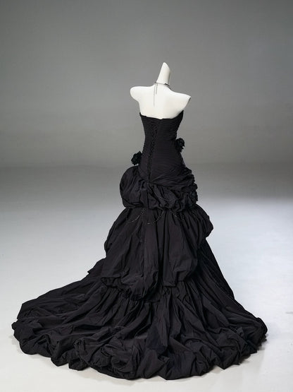 Classy Mermaid Strapless Black Taffeta With Folded Flowers Date Night Outfits Long Formal Prom Gown Evening Dresses RB5586