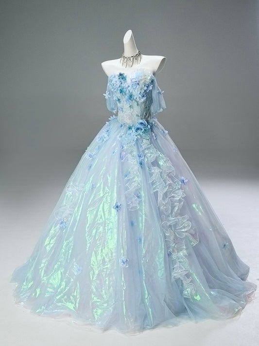 Pretty Ball Gown Off The Shoulder Light Sky Blue Organza With Flowers Ruffled Long 15 Quinceanera Dresses Photo Ideas Formal Outfit RB5587