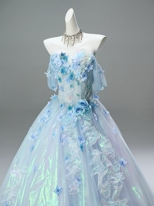 Pretty Ball Gown Off The Shoulder Light Sky Blue Organza With Flowers Ruffled Long 15 Quinceanera Dresses Photo Ideas Formal Outfit RB5587