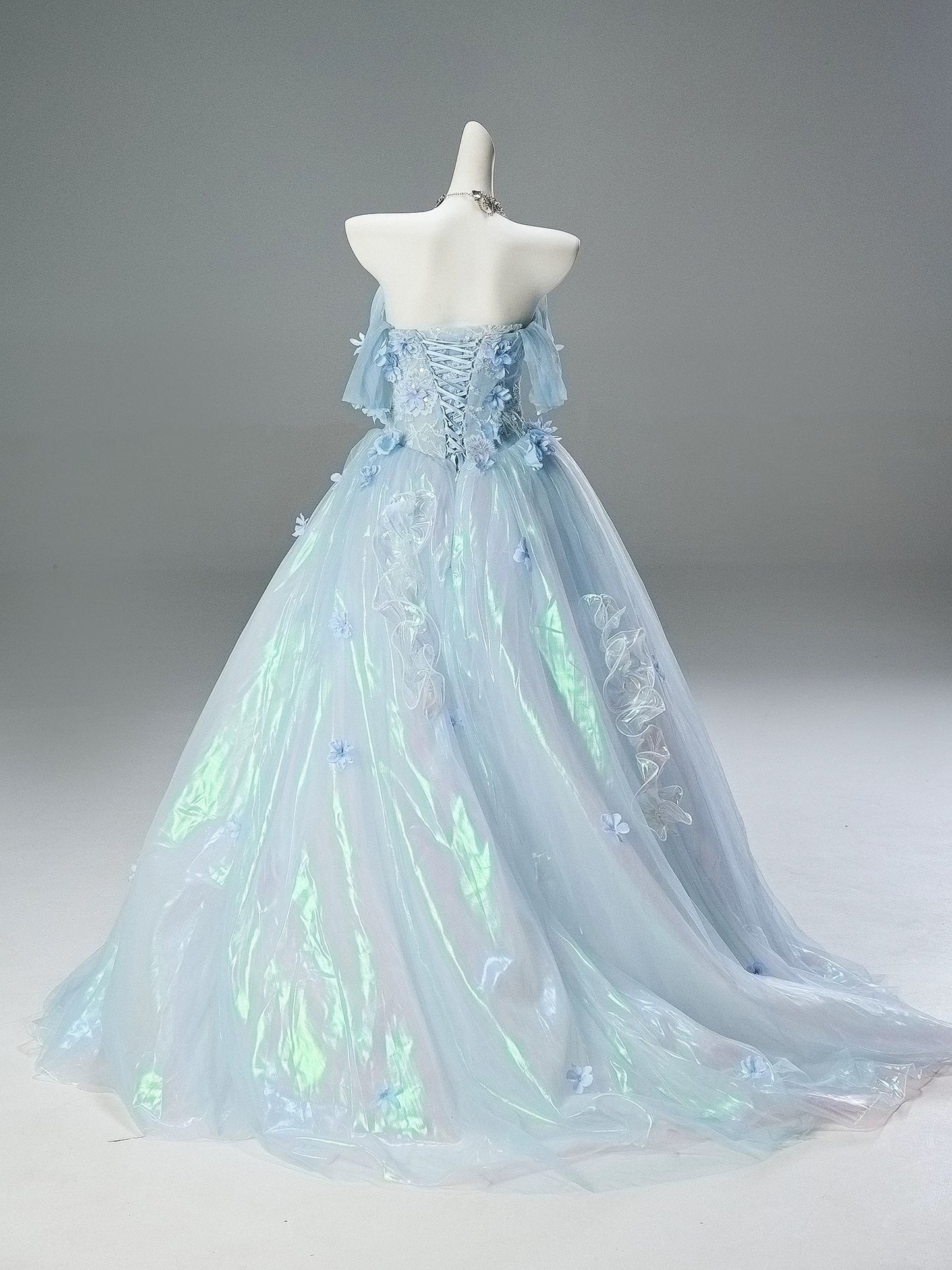 Pretty Ball Gown Off The Shoulder Light Sky Blue Organza With Flowers Ruffled Long 15 Quinceanera Dresses Photo Ideas Formal Outfit RB5587
