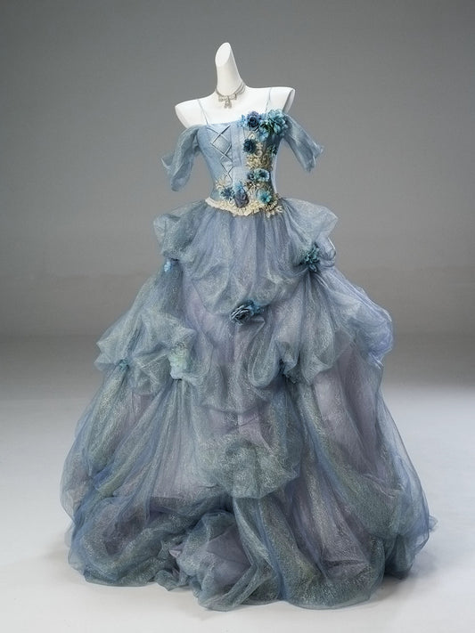 Pretty Ball Gown Off The Shoulder Dusty Blue Organza With Flowers Ruffled Long 15 Quinceanera Dresses Photo Ideas Formal Outfit RB5588