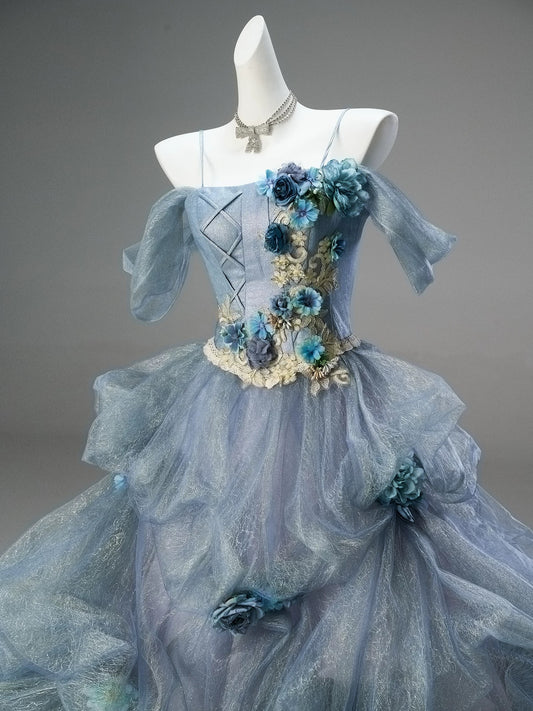 Pretty Ball Gown Off The Shoulder Dusty Blue Organza With Flowers Ruffled Long 15 Quinceanera Dresses Photo Ideas Formal Outfit RB5588