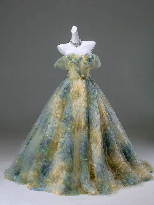 Pretty Ball Gown Off The Shoulder Tulle Yellow With Flowers Long 15 Quinceanera Dresses Photo Ideas Formal Outfit RB5589