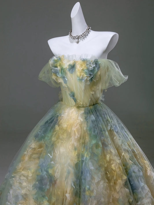 Pretty Ball Gown Off The Shoulder Tulle Yellow With Flowers Long 15 Quinceanera Dresses Photo Ideas Formal Outfit RB5589