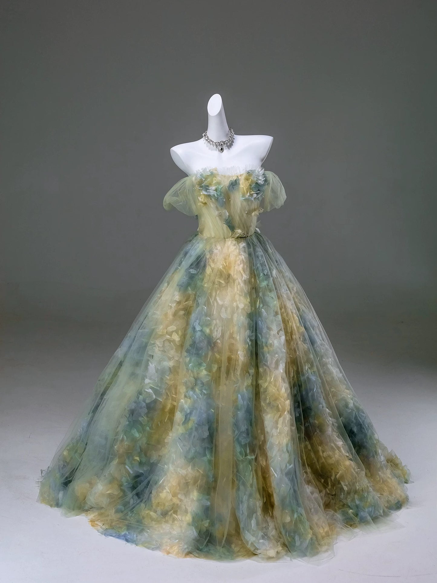 Pretty Ball Gown Off The Shoulder Tulle Yellow With Flowers Long 15 Quinceanera Dresses Photo Ideas Formal Outfit RB5589