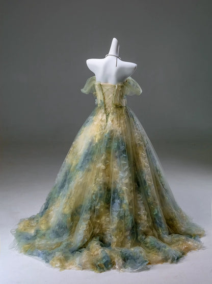 Pretty Ball Gown Off The Shoulder Tulle Yellow With Flowers Long 15 Quinceanera Dresses Photo Ideas Formal Outfit RB5589