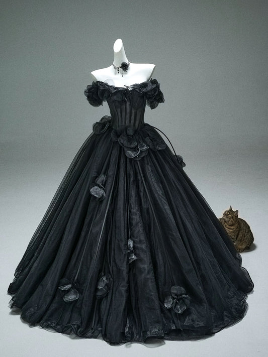 Pretty Ball Gown Off The Shoulder Tulle Black With Flowers Long 15 Quinceanera Dresses Photo Ideas Formal Outfit RB5590