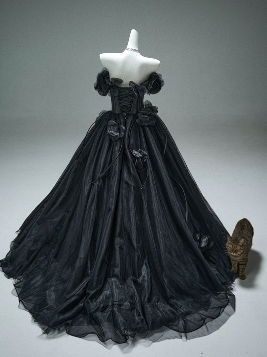 Pretty Ball Gown Off The Shoulder Tulle Black With Flowers Long 15 Quinceanera Dresses Photo Ideas Formal Outfit RB5590