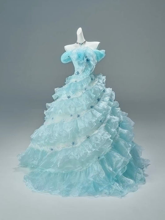 Pretty Ball Gown Off The Shoulder Tulle Tiffany Blue With Flowers Long 15 Quinceanera Dresses Photo Ideas Formal Outfit RB5591
