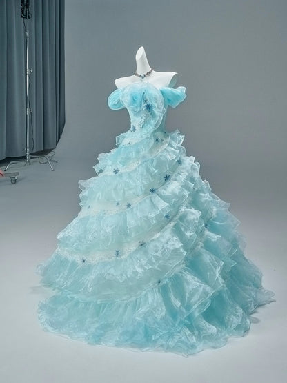 Pretty Ball Gown Off The Shoulder Tulle Tiffany Blue With Flowers Long 15 Quinceanera Dresses Photo Ideas Formal Outfit RB5591