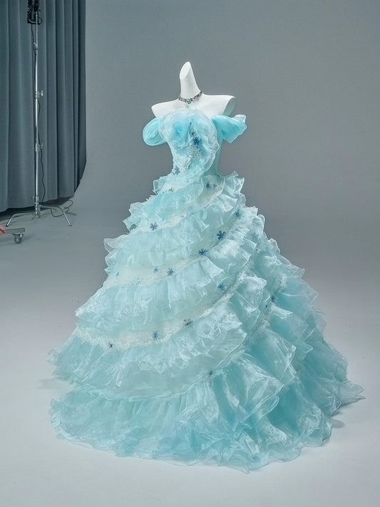 Pretty Ball Gown Off The Shoulder Tulle Tiffany Blue With Flowers Long 15 Quinceanera Dresses Photo Ideas Formal Outfit RB5591