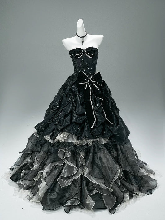 Pretty Ball Gown Strapless Black Tulle Organza With Ruffled Long 15 Quinceanera Dresses Photo Ideas Formal Outfit RB5592