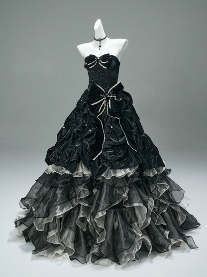 Pretty Ball Gown Strapless Black Tulle Organza With Ruffled Long 15 Quinceanera Dresses Photo Ideas Formal Outfit RB5592