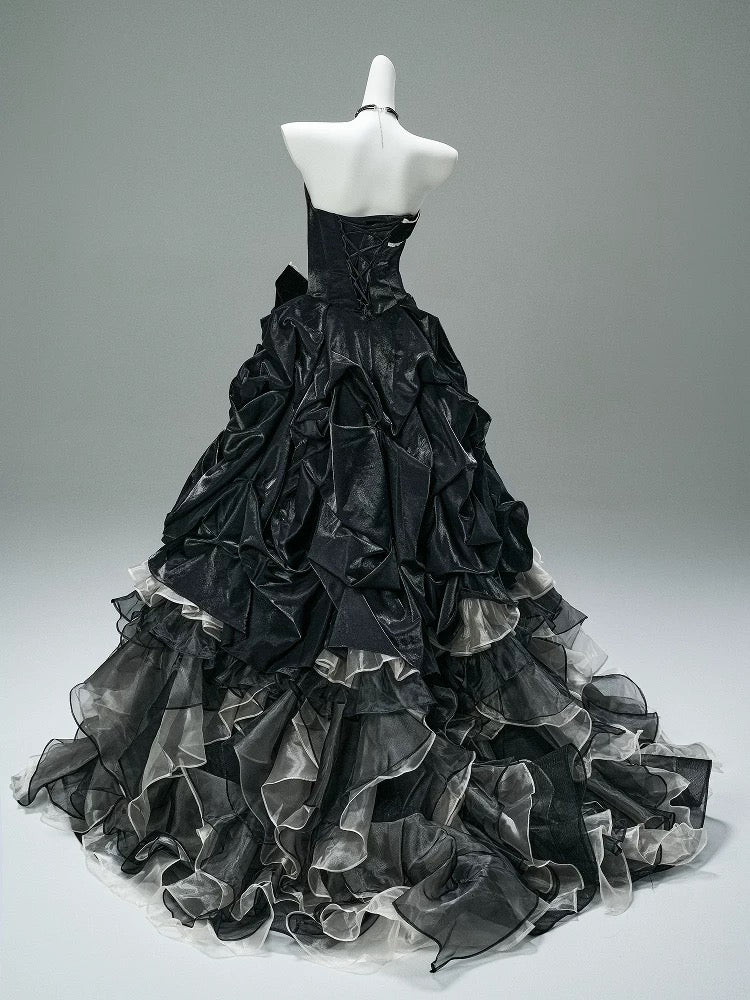 Pretty Ball Gown Strapless Black Tulle Organza With Ruffled Long 15 Quinceanera Dresses Photo Ideas Formal Outfit RB5592