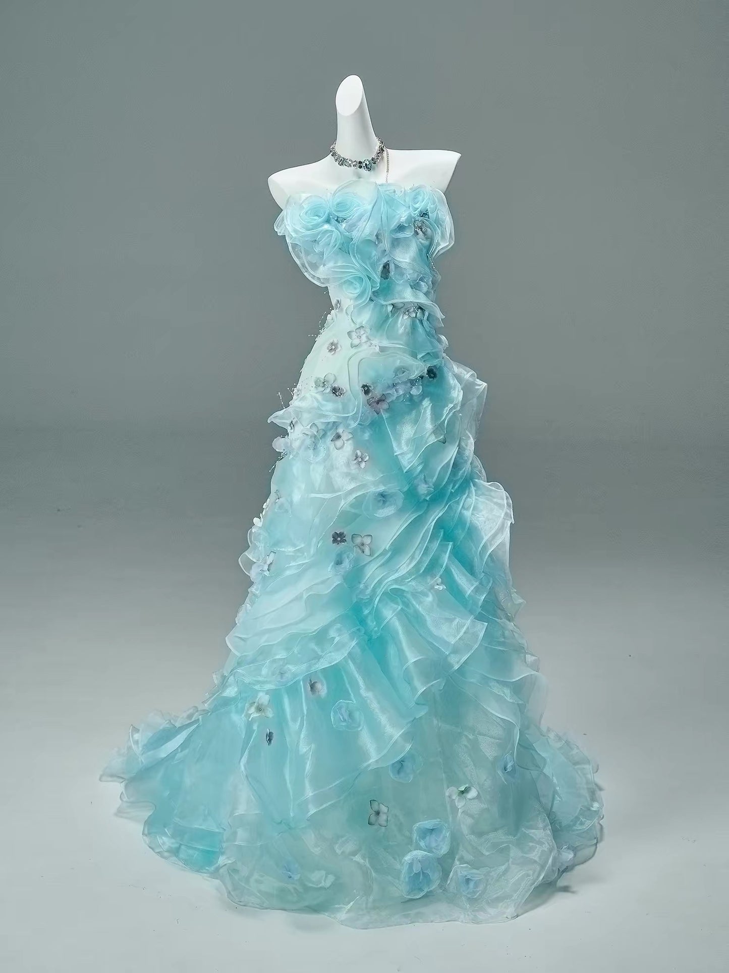 Modest Mermaid Strapless Blue With Ruffled Date Floor Length Night Birthday Outfit Formal Prom Dresses RB5503