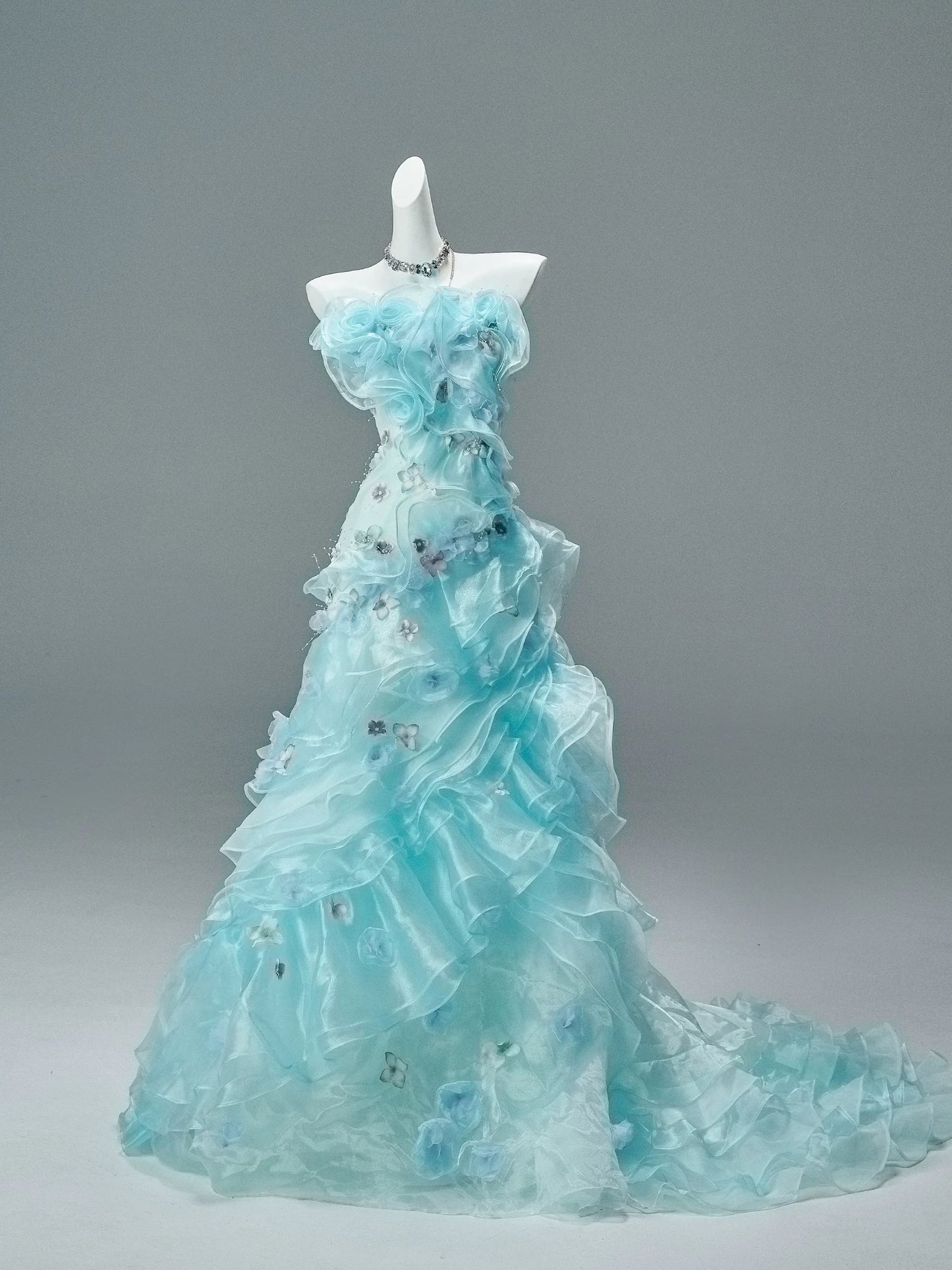 Modest Mermaid Strapless Blue With Ruffled Date Floor Length Night Birthday Outfit Formal Prom Dresses RB5503
