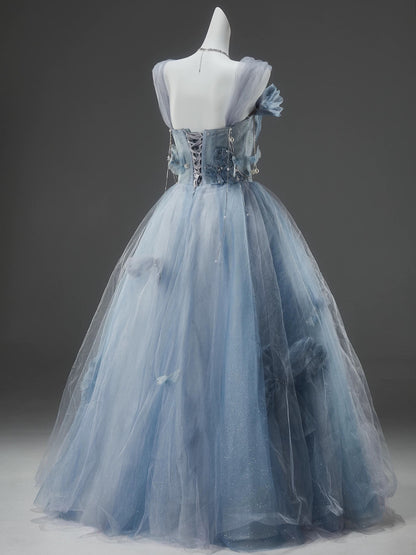 Princess Style Ball Gown Off The Shoulder Dusty Blue Tulle With Flowers Long 15 Quinceanera Dresses Photo Ideas Formal Outfit RB5504