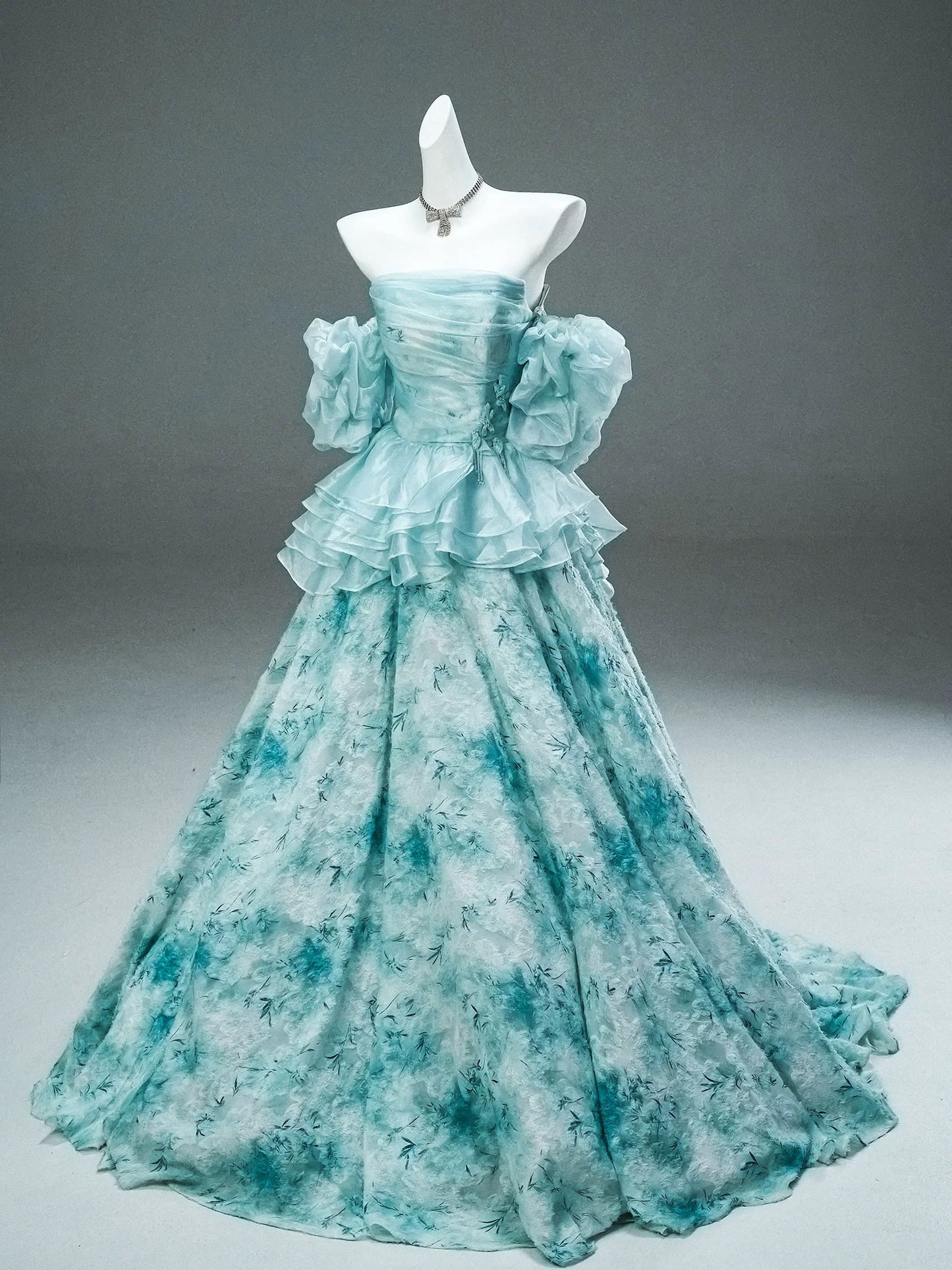 Modest Ball Gown Strapless Blue With Ruffled Sleeves Date Night Birthday Outfit Formal Prom Dresses RB5505