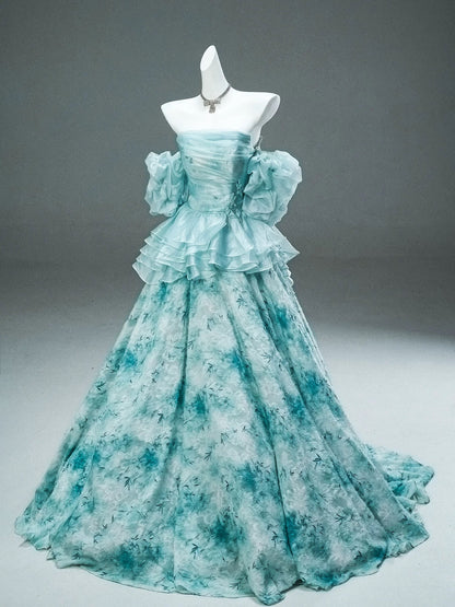 Modest Ball Gown Strapless Blue With Ruffled Sleeves Date Night Birthday Outfit Formal Prom Dresses RB5505