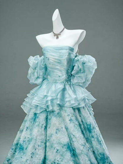 Modest Ball Gown Strapless Blue With Ruffled Sleeves Date Night Birthday Outfit Formal Prom Dresses RB5505