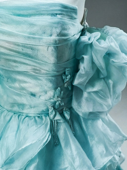 Modest Ball Gown Strapless Blue With Ruffled Sleeves Date Night Birthday Outfit Formal Prom Dresses RB5505