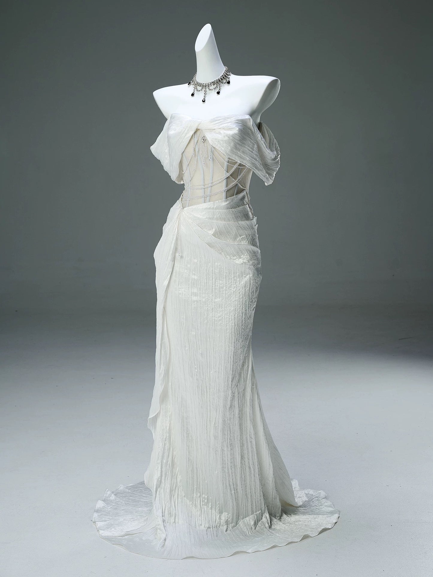Modest Mermaid Off The Shoulder White With Ruffled Sleeves Date Night Birthday Outfit Formal Prom Dresses RB5506