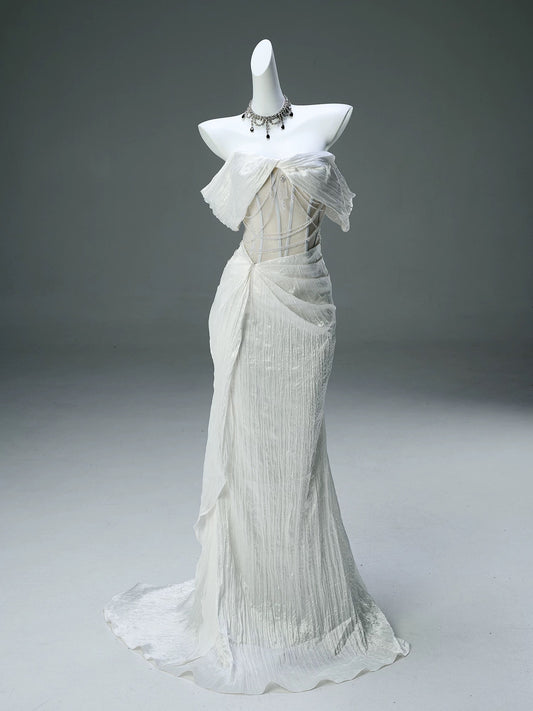 Modest Mermaid Off The Shoulder White With Ruffled Sleeves Date Night Birthday Outfit Formal Prom Dresses RB5506