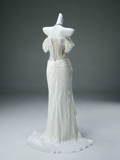 Modest Mermaid Off The Shoulder White With Ruffled Sleeves Date Night Birthday Outfit Formal Prom Dresses RB5506