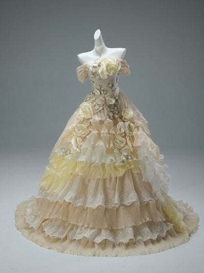 Cute Ball Gown Off The Shoulder Yellow With Ruffled Flowers Long Quinceanera Dresses Sweet 15 Dress Formal Outfits RB5507
