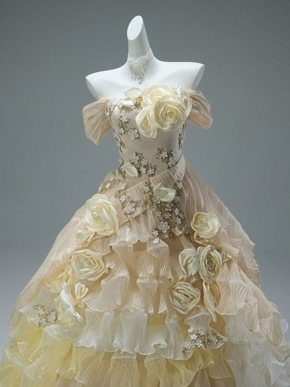 Cute Ball Gown Off The Shoulder Yellow With Ruffled Flowers Long Quinceanera Dresses Sweet 15 Dress Formal Outfits RB5507