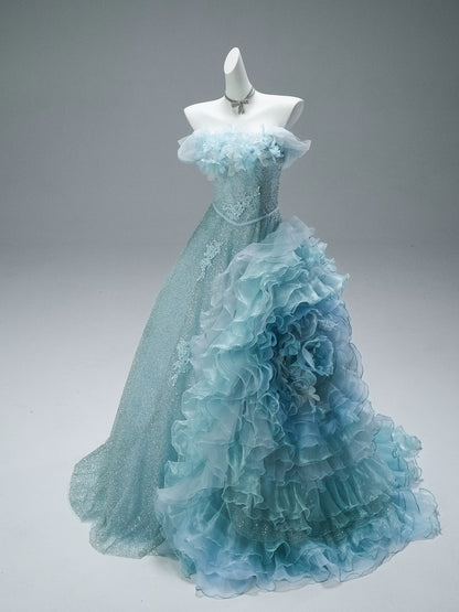 Cute Ball Gown Off The Shoulder Blue With Beading Flowers Long Quinceanera Dresses Sweet 15 Dress Formal Outfits RB5508