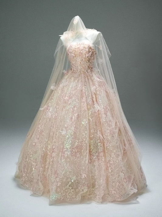 Cute Ball Gown Strapless Pink With Lace Flowers Long Quinceanera Dresses Sweet 15 Dress Formal Outfits RB5509