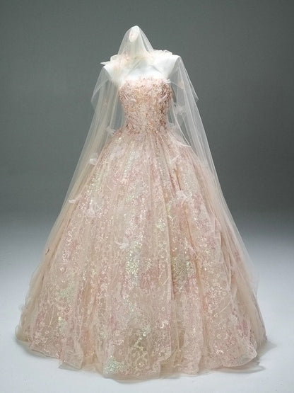 Cute Ball Gown Strapless Pink With Lace Flowers Long Quinceanera Dresses Sweet 15 Dress Formal Outfits RB5509