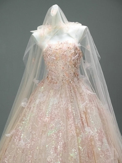 Cute Ball Gown Strapless Pink With Lace Flowers Long Quinceanera Dresses Sweet 15 Dress Formal Outfits RB5509