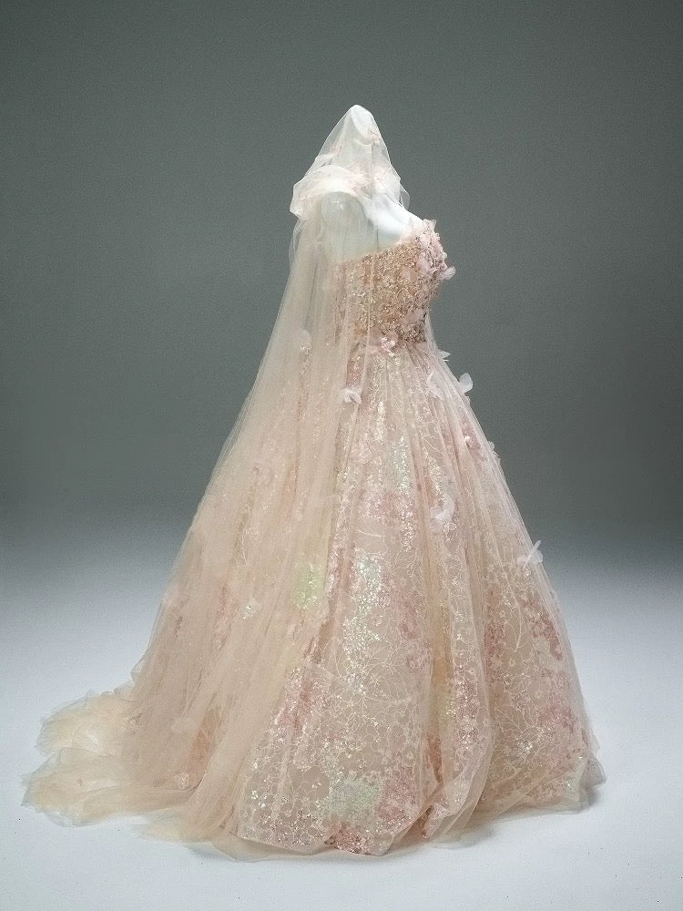 Cute Ball Gown Strapless Pink With Lace Flowers Long Quinceanera Dresses Sweet 15 Dress Formal Outfits RB5509