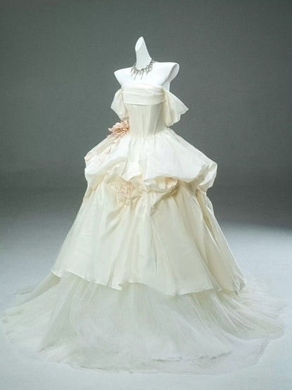 Princess Style Ball Gown Off The Shoulder White Satin With Flowers Long 15 Quinceanera Dresses Photo Ideas Formal Outfit RB5510