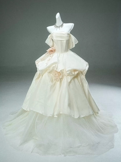 Princess Style Ball Gown Off The Shoulder White Satin With Flowers Long 15 Quinceanera Dresses Photo Ideas Formal Outfit RB5510