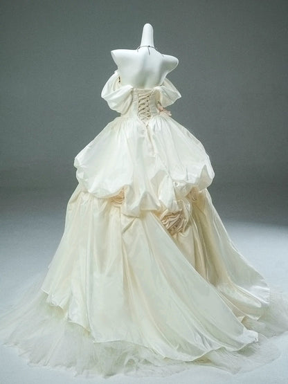 Princess Style Ball Gown Off The Shoulder White Satin With Flowers Long 15 Quinceanera Dresses Photo Ideas Formal Outfit RB5510