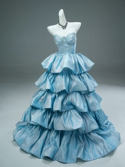 Cute Ball Gown Sweetheart Blue With Ruffled Layers Long Quinceanera Dresses Sweet 15 Dress Formal Outfits RB5511