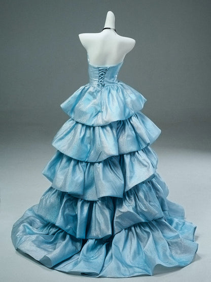 Cute Ball Gown Sweetheart Blue With Ruffled Layers Long Quinceanera Dresses Sweet 15 Dress Formal Outfits RB5511