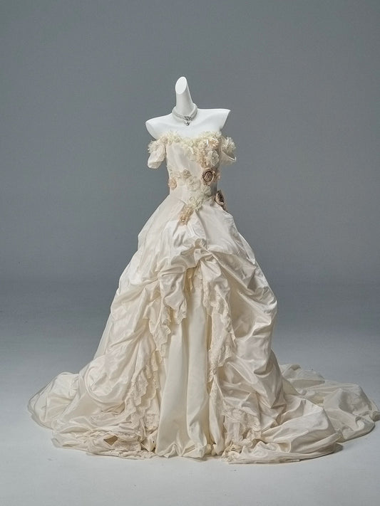 Princess Style Ball Gown Off The Shoulder Ivory Satin With Flowers Long 15 Quinceanera Dresses Photo Ideas Formal Outfit RB5512