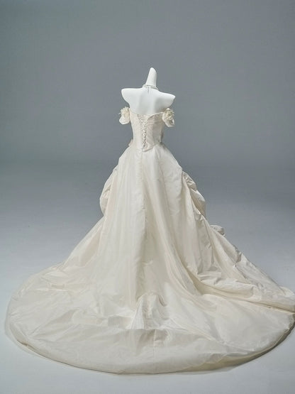 Princess Style Ball Gown Off The Shoulder Ivory Satin With Flowers Long 15 Quinceanera Dresses Photo Ideas Formal Outfit RB5512