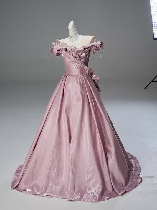 Princess Style Ball Gown Off The Shoulder Pink Satin With Beading Long 15 Quinceanera Dresses Photo Ideas Formal Outfit RB5514